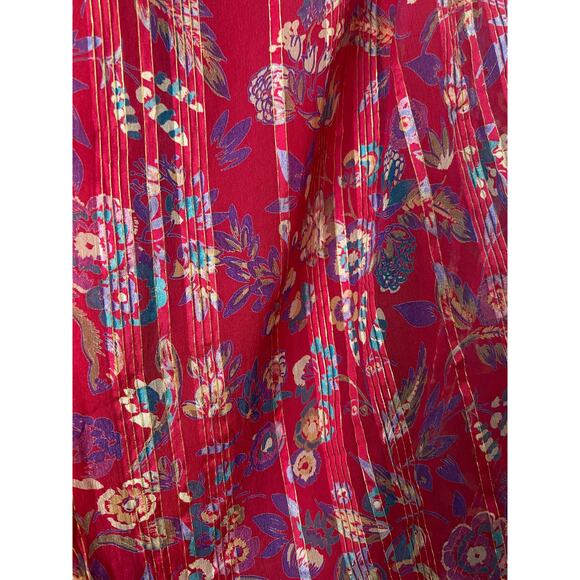 Vintage slim scarf in red muslin with floral pattern and gold threads - Picture 2 of 5